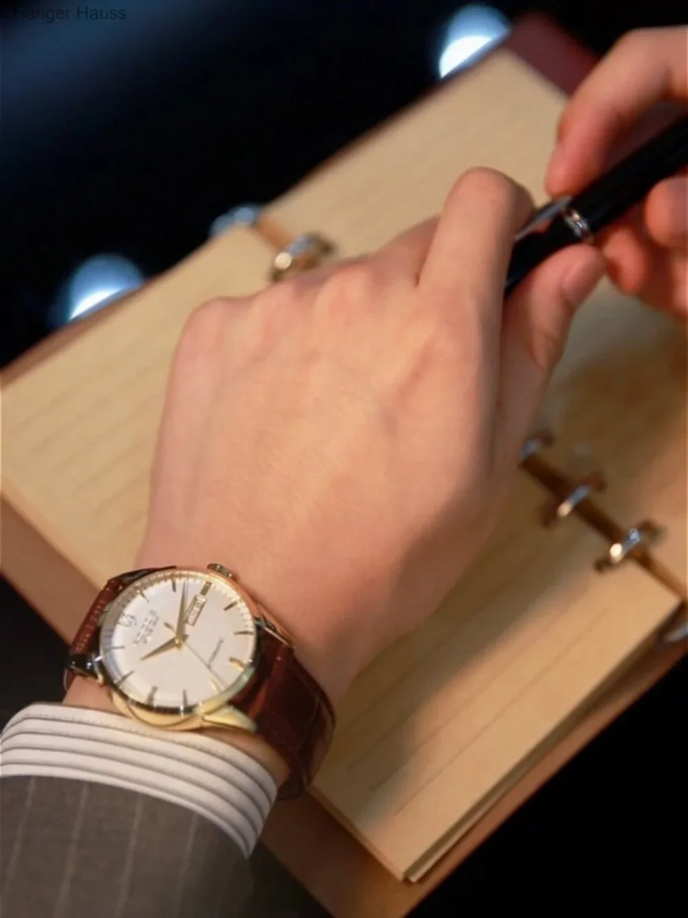 Men's Automatic Mechanical Watch Gold Classic Retro Day Date Genuine Leather
